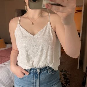 Express White Sequin Spaghetti Strap Tank Top